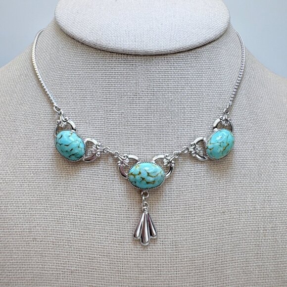 VTG Sterling Silver 925 Turquoise Three Stone Chain Necklace Size 14" Adjustable - Picture 1 of 13